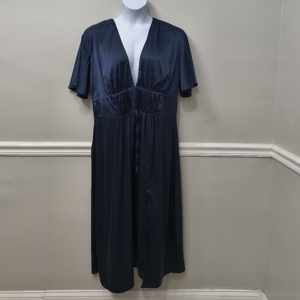 Miss ORD Navy Satin V-Neck Midi Dress Size 4XL Minimalist Whimsigoth Party